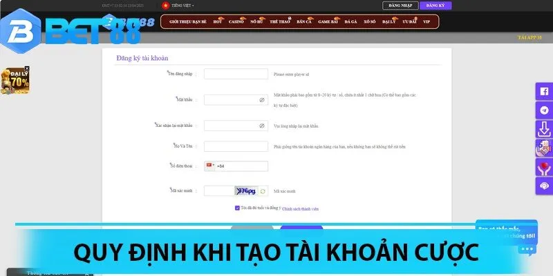 Các quy định trong khi tạo nick cược